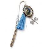 Forget Me Not Bookmark handmade with real pressed forget me nots in antique silver cameo frame and dragonfly charm