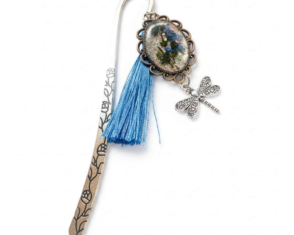 Forget Me Not Bookmark handmade with real pressed forget me nots in antique silver cameo frame and dragonfly charm