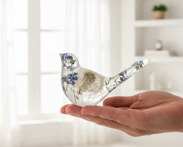 Handmade whimsical Fairy Dust bird with real forget-me-not flowers and iridescent shimmer in clear resin display