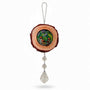 boreal forest suncatcher with a bark-edged wood slice, colorful mushroom scene, purple dragonfly and hanging clear crystals