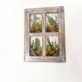 Boreal forest window art with foraged ferns, mushrooms and moss in four panes