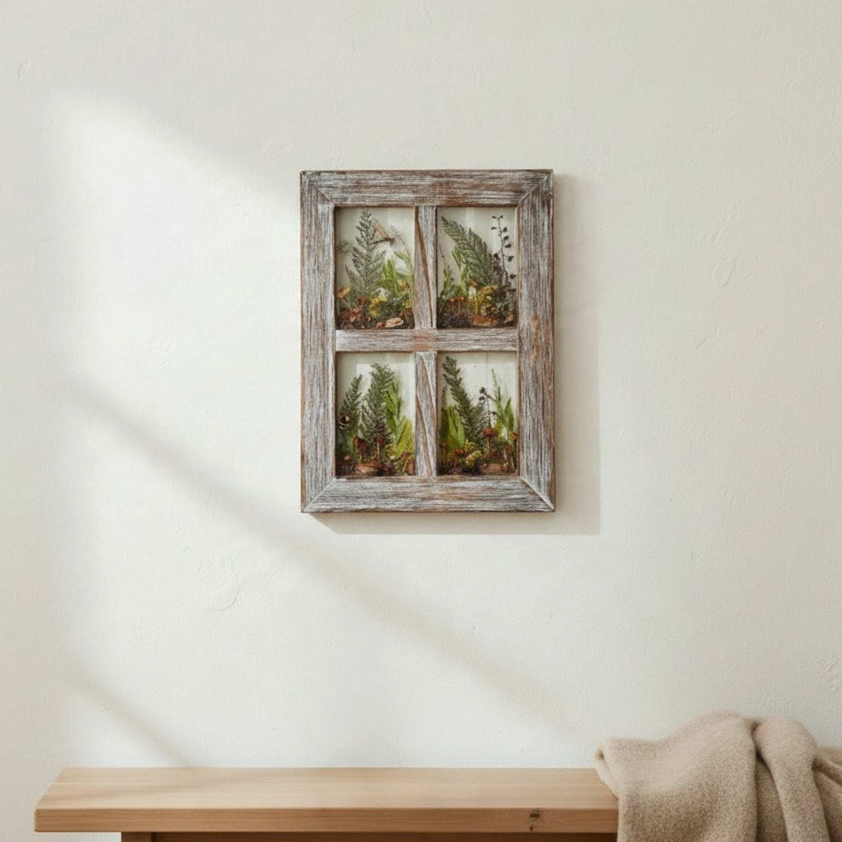 Four pane boreal forest window art with ferns set in clear resin