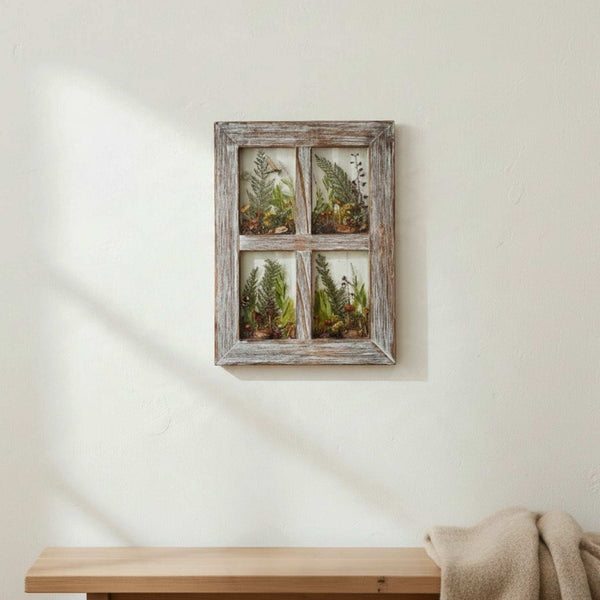 Four pane boreal forest window art with ferns set in clear resin