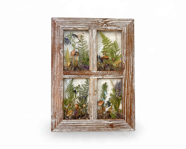 Boreal forest window art in a whitewashed wood frame, with four resin panes of mushrooms, ferns, moss and lichen