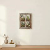 boreal forest window art in a weathered whitewashed wood frame, with four panes of mushrooms, ferns and greenery