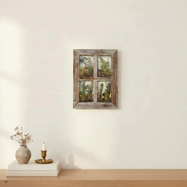 boreal forest window art in a weathered whitewashed wood frame, with four panes of mushrooms, ferns and greenery
