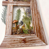 Boreal forest window art in a distressed brown wood frame, with real mushrooms, ferns, moss and wildflowers preserved in resin.