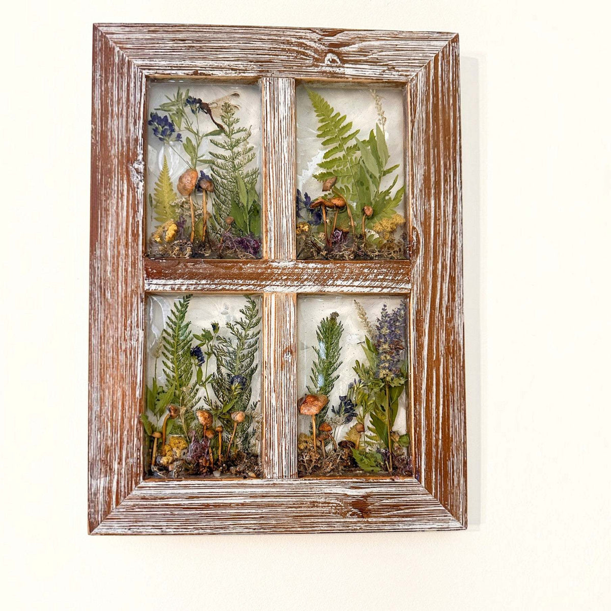 boreal forest window art in a distressed whitewashed wood frame, with four resin panes of mushrooms, ferns and moss