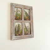 Boreal forest window art in a whitewashed wood frame with ferns and mushrooms