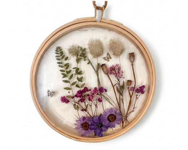 Wildflower Hoop Suncatcher botanical resin hoop suncatcher with real purple daisies ferns and bunny tails in wood frame, handmade Canada