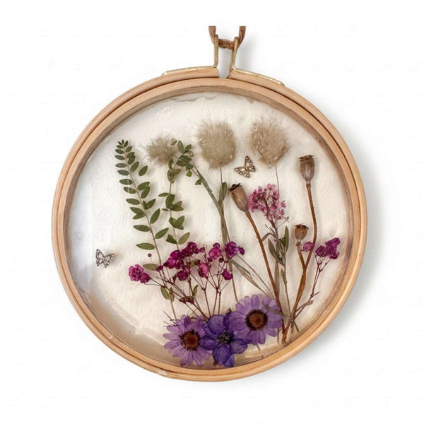 Wildflower Hoop Suncatcher botanical resin hoop suncatcher with real purple daisies ferns and bunny tails in wood frame, handmade Canada