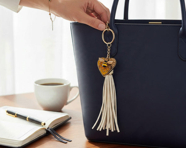 bumble bee resin keychain with an amber heart, floral detailing, dangling bee charm and long cream tassel