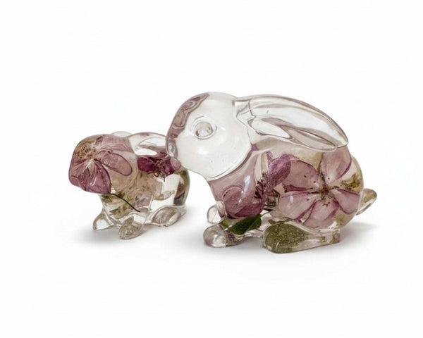 Pair of apple blossom resin bunnies with preserved flowers, handmade decor