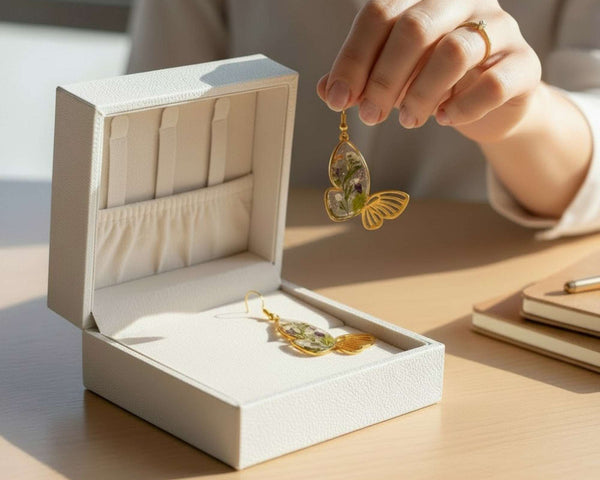 Handmade Fluttering Blossom earrings with real pressed flowers in resin butterfly wings and delicate butterfly accents