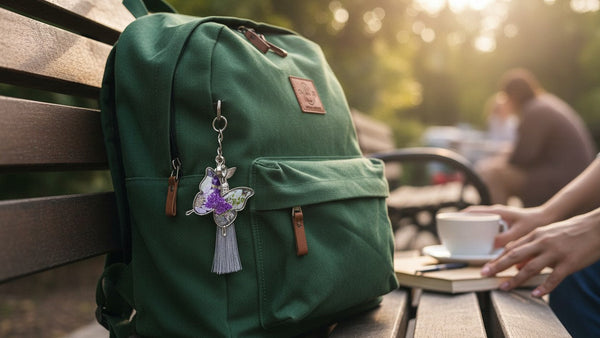 Green backpack with a keychain on a wooden bench, blurred background