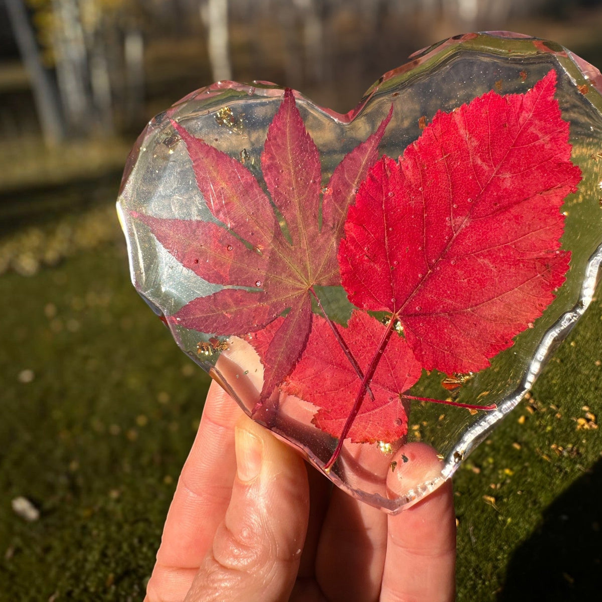 Handmade maple leaf heart resin coaster poured in Cold Lake, Alberta