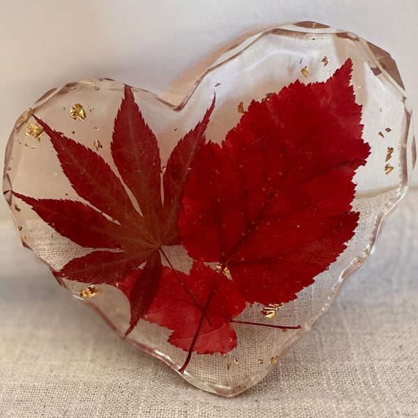 Maple leaf heart resin coaster, 5 inches across, made with a real Canadian maple leaf