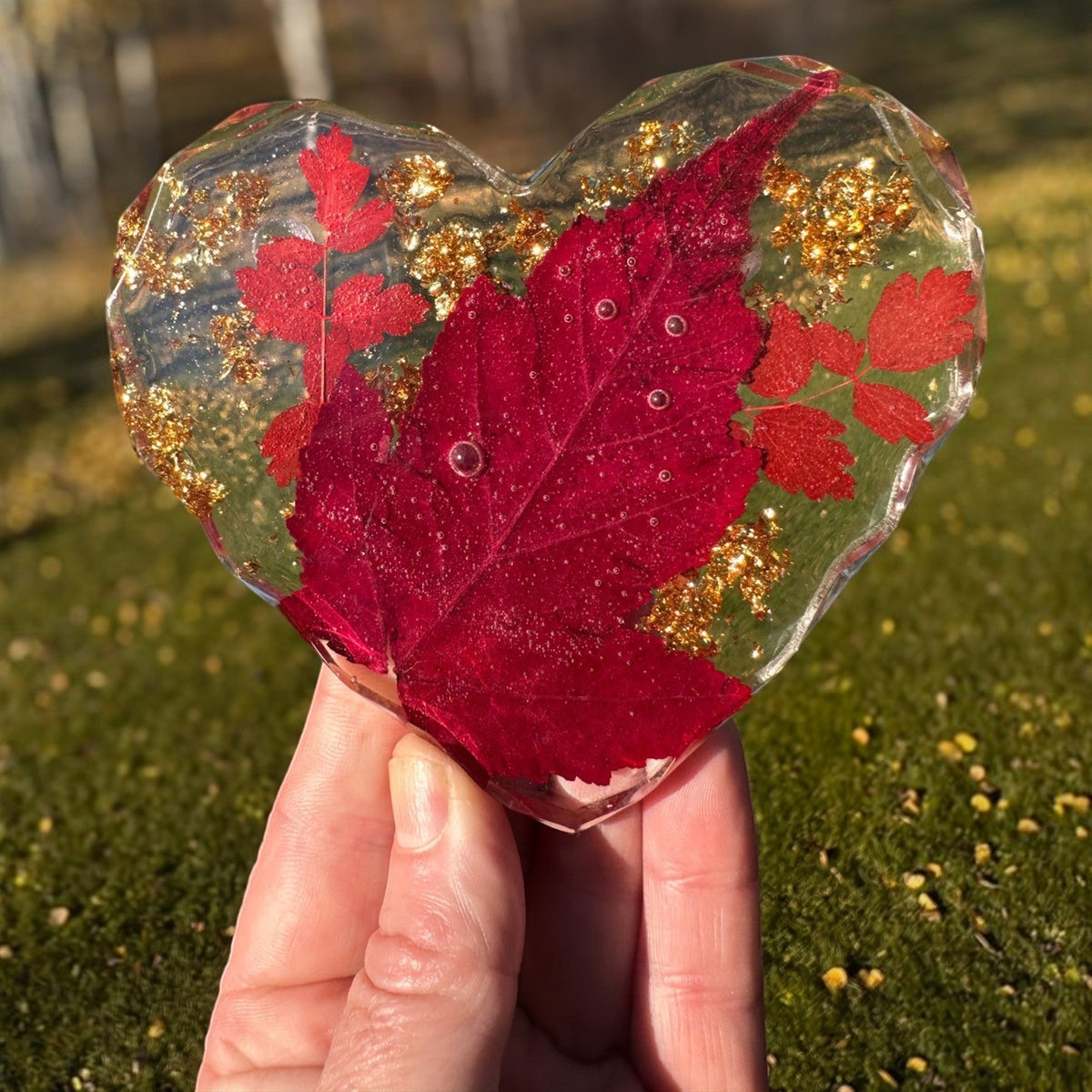 Maple leaf heart resin coaster style option with deep red autumn colour