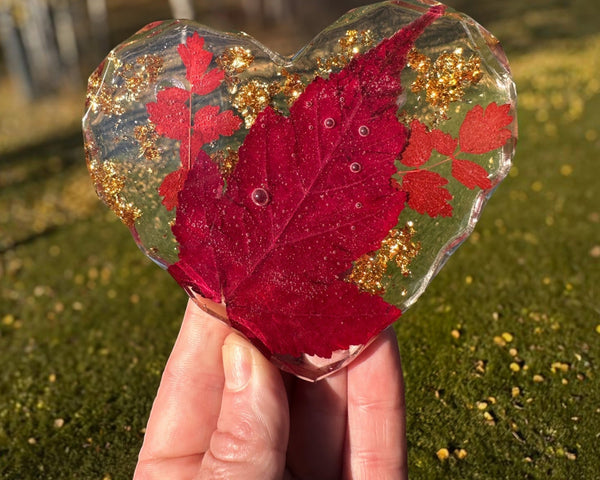 Maple leaf heart resin coaster style option with deep red autumn colour