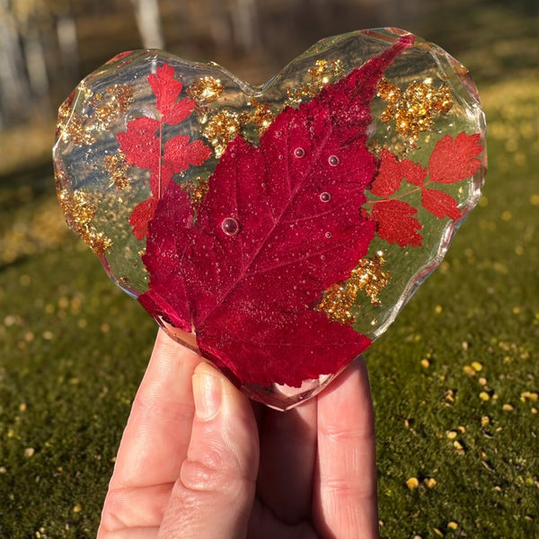 Maple leaf heart resin coaster style option with deep red autumn colour