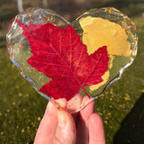 Maple leaf heart resin coaster with a vivid red preserved leaf in clear resin