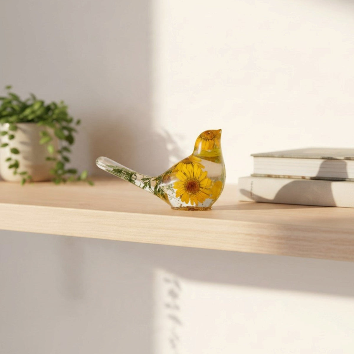 yellow canary resin bird with real yellow daisies, green foliage, and gold leaf base, handmade in Alberta
