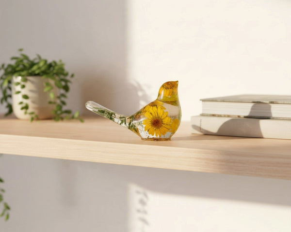 yellow canary resin bird with real yellow daisies, green foliage, and gold leaf base, handmade in Alberta