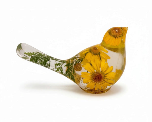 yellow canary resin bird with real yellow daisies, green foliage, and gold leaf base, handmade in Alberta