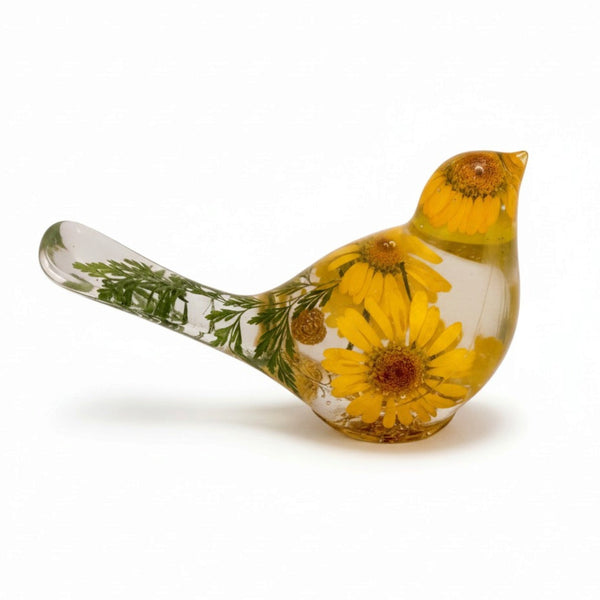yellow canary resin bird with real yellow daisies, green foliage, and gold leaf base, handmade in Alberta