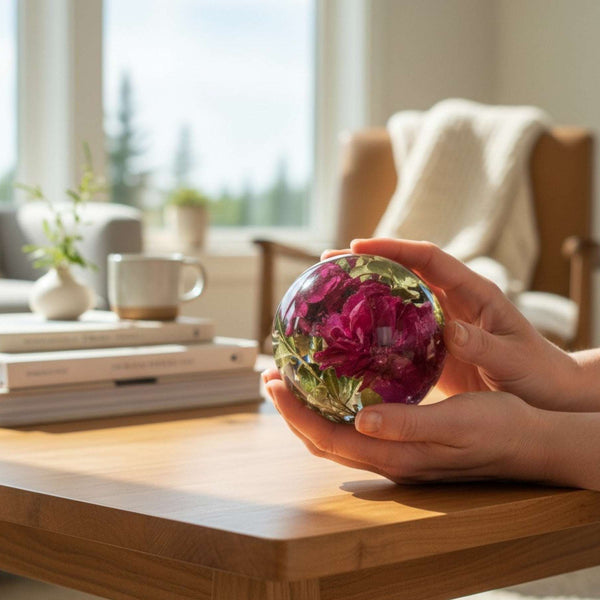 Handcrafted floral resin sphere with real dark pink and purple carnations and LED light base glowing indoors