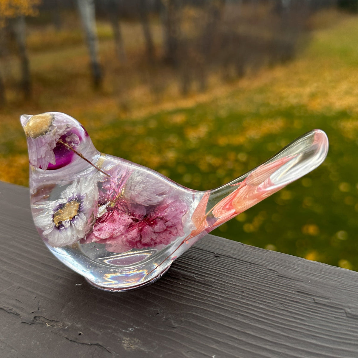 Cherry blossom resin bird showing the soft glitter worked into the base