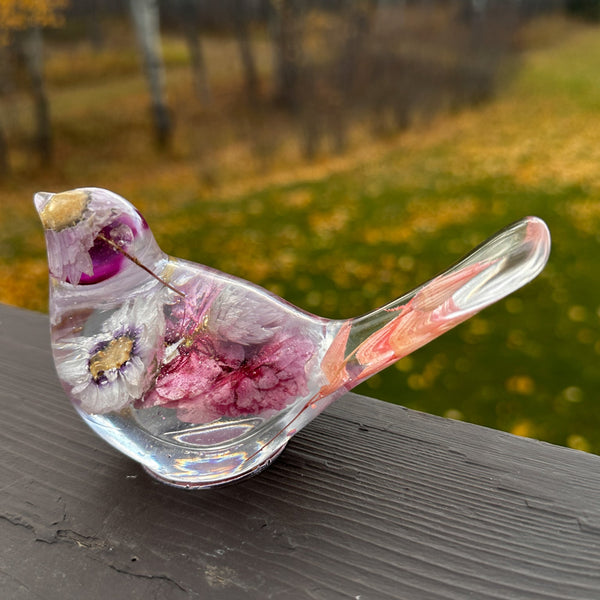 Cherry blossom resin bird showing the soft glitter worked into the base