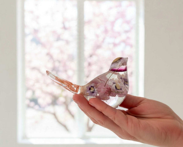 Cherry blossom resin bird showing the coral dyed wheat running down the tail