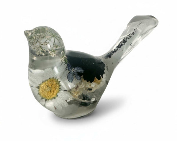 Chickadee Resin Bird Midnight Melody Black & White Handmade Floral Art