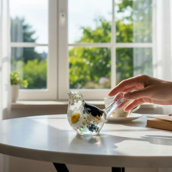 Midnight Melody Chickadee Resin Bird Handmade Black & White Floral Art