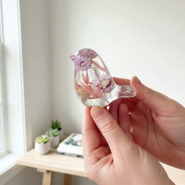 Spring Song Handmade Resin Bird with Pink Flowers & Fluorite Gemstones