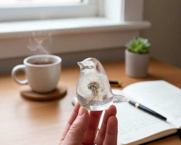 Wish Keeper Songbird dandelion resin bird decor with whole preserved dandelion clock, handmade Canada