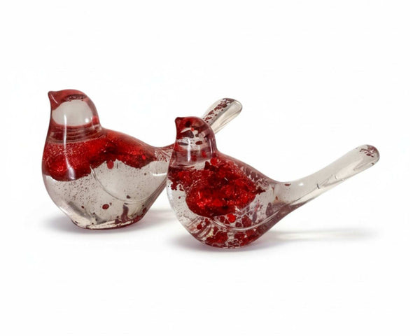 Sweet Hearts Duo floating heart resin bird pair with red hearts in clear resin, handmade Canada