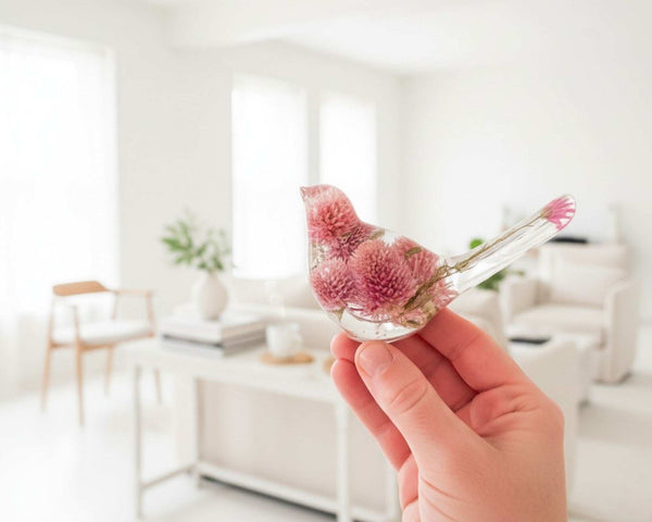 Dried flower resin bird with clear resin, pink clover blossoms, fine stems, and a rosy floral tail 
