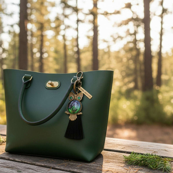 Northern Lights owl keychain styled on a bag to show scale and everyday use.