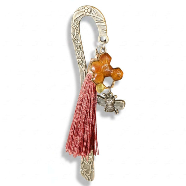 Honey bee bookmark handmade antique bronze honeycomb resin with dripping honey effect and bee charm