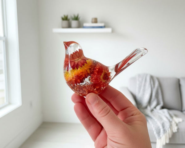 Copper Ember Strawflower songbird resin decor with real dried orange strawflowers and copper leaf base