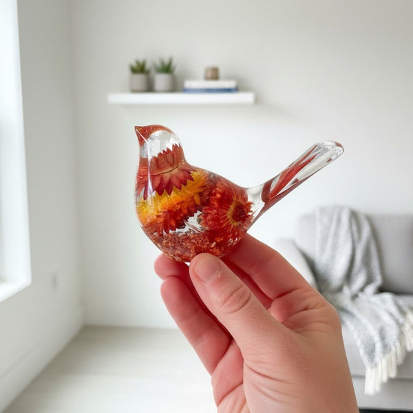 Copper Ember Strawflower songbird resin decor with real dried orange strawflowers and copper leaf base