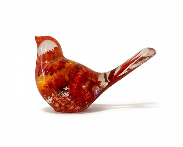 Copper Ember Strawflower resin songbird with real dried orange strawflowers and copper leaf base decor