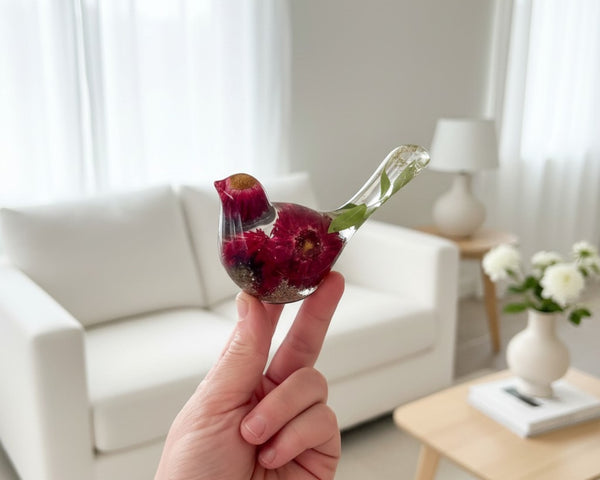 Crimson Meadow Songbird | Handmade Strawflower Resin Bird Decor
