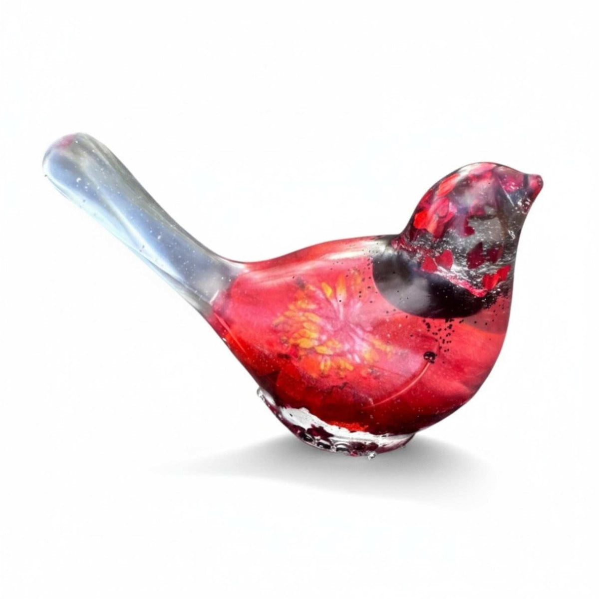 Handmade Crimson Melody  Songbird – Resin Art Bird with Real Flowers