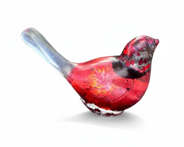Handmade Crimson Melody  Songbird – Resin Art Bird with Real Flowers