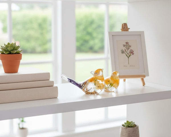 Spring Bloom Duo daffodil resin bird pair facing each other on a bright white shelf