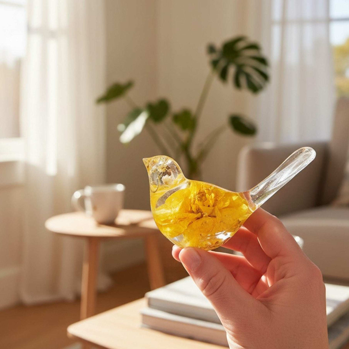 Golden Dahlia Songbird resin decor with real yellow dahlia and white baby breath flowers