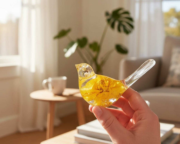 Golden Dahlia Songbird resin decor with real yellow dahlia and white baby breath flowers
